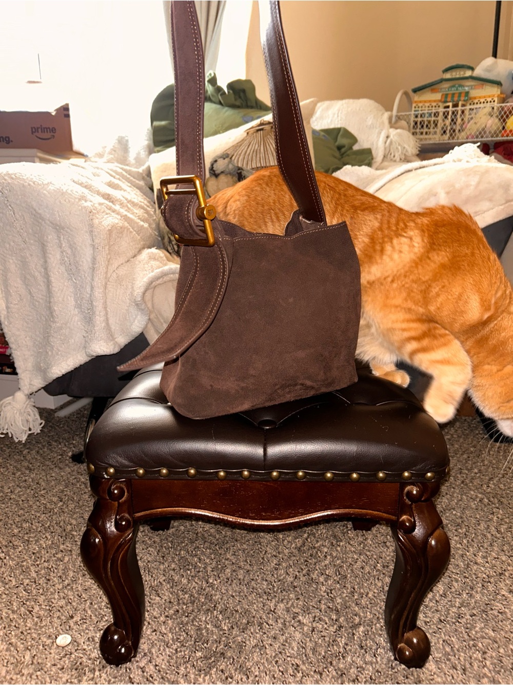 Brown Suede Shoulder bucket Bag